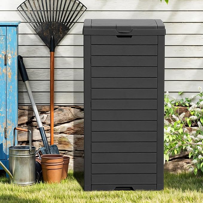 DWVO 38 Gallon Large Outdoor Trash Can, Waterproof Resin Hideaway Garbage Bin with Lid and Drip Tray, Outside Trash Bin for Porch, Backyard, Deck, Patio, Poolside, Easy to Clean, Black
