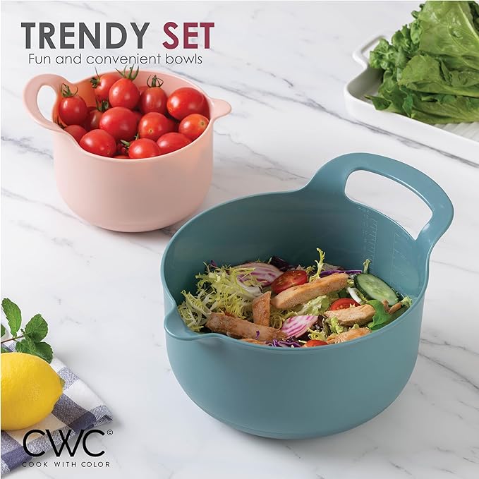 COOK WITH COLOR Nesting Plastic Mixing Bowl Set with Pour Spouts and Handles, Teal and Pink, 4 Piece Non-Slip