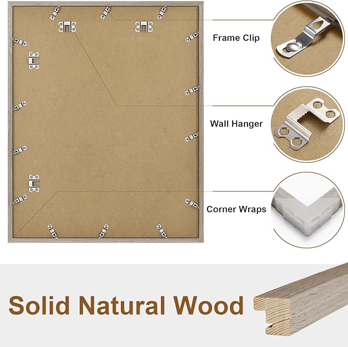 Vittanly 16x20 Picture Frame, Solid Wood Frame with Plexiglass, Includes 11x14 Mat, Wall Hanging for Photos, Home Decor, Light Brown, 1 Pack