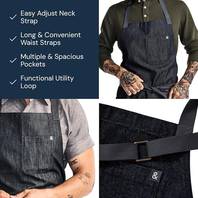hedley & bennett Essential Apron - Heavy-Duty Denim Kitchen Apron with Pockets & Towel Loop - Professional Chef Workwear for Cooking & Grilling - Jack Navy