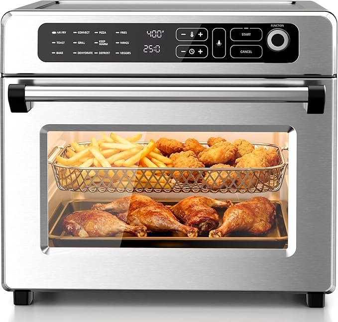 Kismile 25QT Air Fryer Toaster Oven Combo, 12-in-1 Large Countertop Convection Airfryer Oven, 70–450℉, Bake, Roast, Reheat, Broil, Fits 12″ Pizza, Includes Full Accessories, Stainless Steel(Silver)