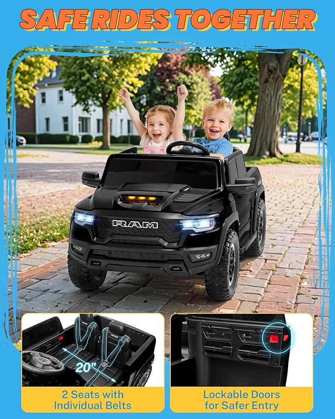 ENYOPRO 24V Ride on Toys for Big Kids, Licensed RAM 1500 RHO 2 Seater Toddlers Ride on Car w/Remote Control, Kids Electric Car w/Truck Bed Storage, Real Tailgate, Music, LED Lights (Black - High Door)