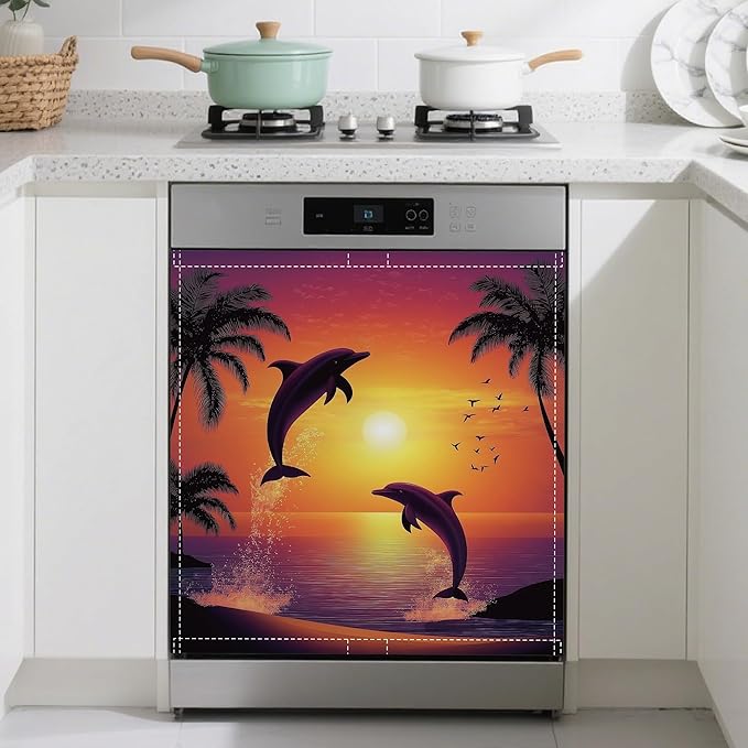 Magnetic Dishwasher Cover,Ocean Dolphin Reusable Dishwasher Magnetic Cover Sunset Plam Decorative Door Covers Panel for Home Kitcen 23" x 26"