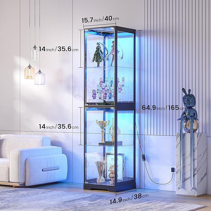 Glass Display Cabinet with Doors, 65" Tall 4-Tier Curio Display Case with 3 Color Lights and Human Body Sensor, Bookcase for Collectibles, Black