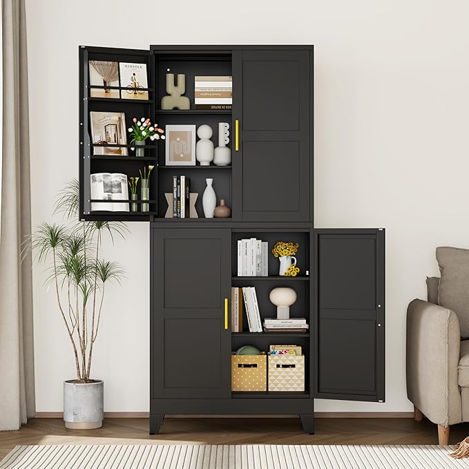 74.8" Tall Metal Food Cabinet, Black Kitchen Pantry Cabinet, Storage Cabinets with 4 Door and 4 Adjustable Shelves, Steel Freestanding Cupboard for Kitchen Dining Room Living Room Bathroom