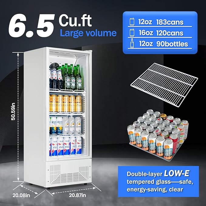 6.5 Cu.Ft Commercial Beverage Refrigerator Glass Door Upright Drink Cooler Display Fridge with Adjustable Shelves and LED Light for Restaurant Bar Store Office White