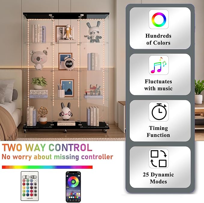 Glass Display Cabinet with LED Light Strip, 12 Shelves 3 Column 2 Doors, Large Curio Storage Cabinets with Lock & Caster for Living Room, Office, Floor Standing Glass Bookshelf - Black