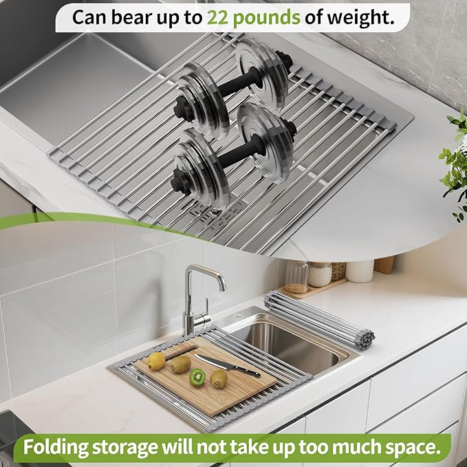 Foldable Over Sink Dish Drying Rack - Stainless Steel Sink Drain Rack with Silicone Edges, Roll-Up Storage for Kitchen, RV, Dorm Sinks (18.5×11.4in)
