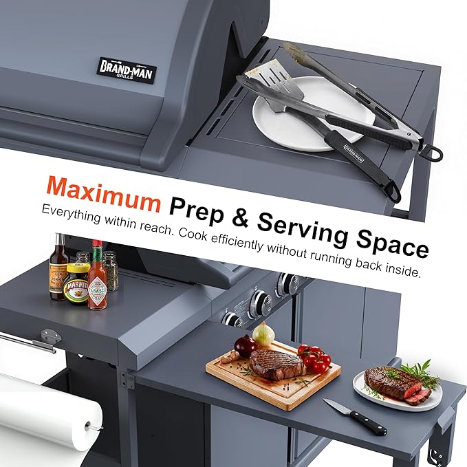 Brand-Man 6-Burner Gas Outdoor Kitchen Grill Island with Side Burner - 72,000 BTU Stainless Steel BBQ Grill Station with Storage Cabinets, Fold-out Prep Table, LPG/NG Convertible, Gray