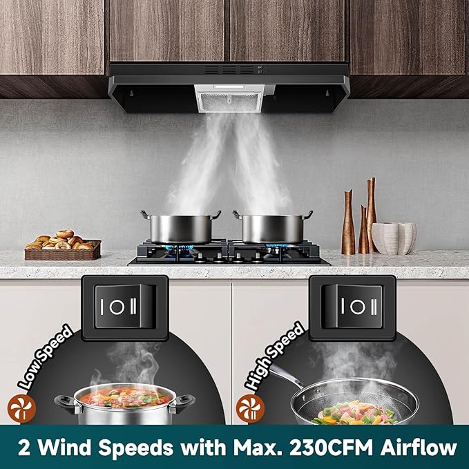 SNDOAS Black Range Hood 36 inch,Ductless Under Cabinet Range Hood Included Carbon Sponge Filter,Ducted Optional,Kitchen Hood 36 inch with 2 Vents,2 Speeds,Hard Wired Stove Vent
