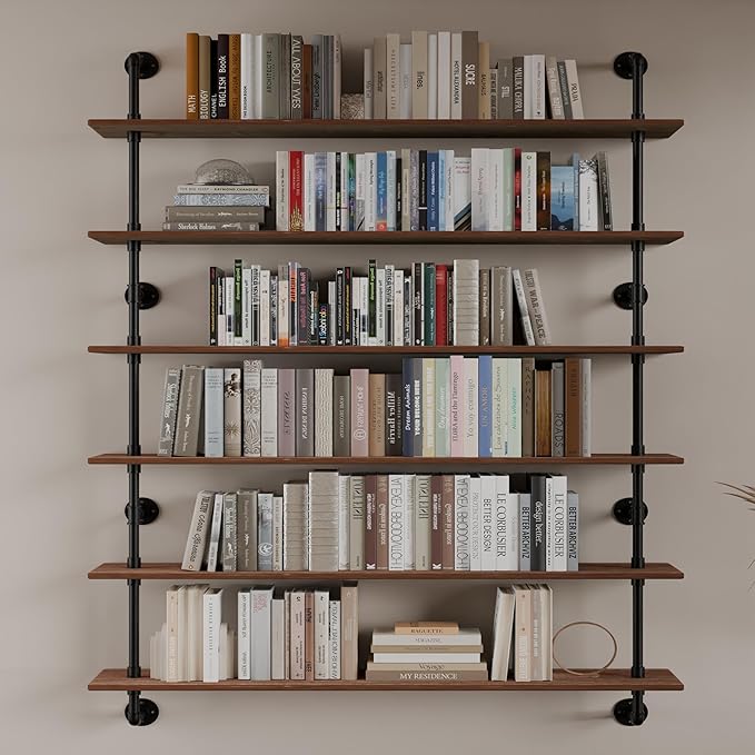 48 InchPipe Bookshelf Floating Shelves for Wall Shelves Bookshelf Industrial Pipe Shelving Shelves Real Wood Planks Rustic Hanging Shelves Farmhouse Kitchen Bar Shelving