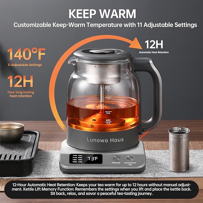 Titanium & Glass Electric Tea Kettle & Tea Maker, Pro Steam Extraction, 11 Temp & 10 Strength Levels, 12H Auto Warm, 1.2L 600W 120V,BPA-Free, 2Infusers