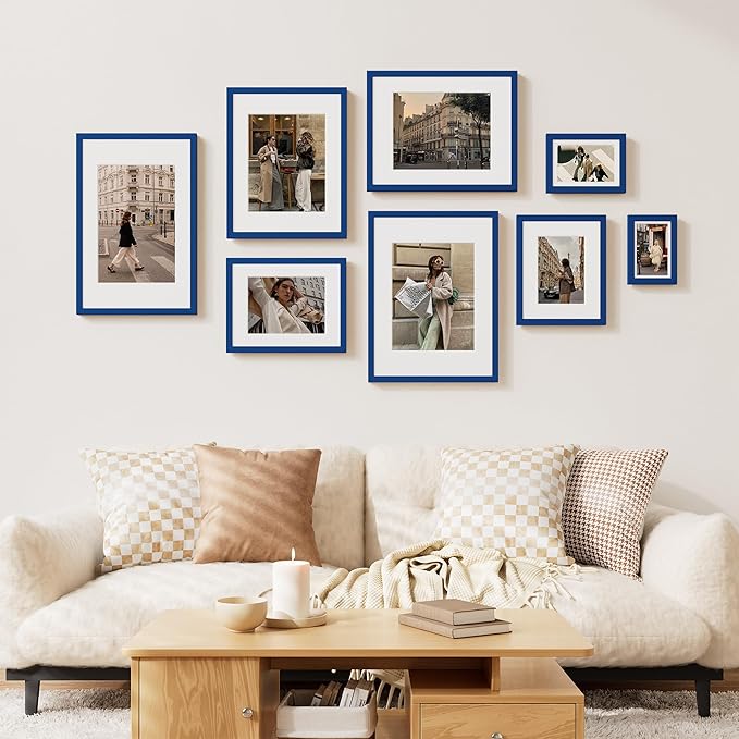 Vittanly 8x10 Picture Frame Set of 2, Solid Wood Frame for Wall or Tabletop, Display Photo 5x7 with Mat or 8x10 without Mat, Royal Blue