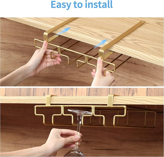 Wine Glass Rack Under Cabinet, Drilling Free No Screw Steamware Holder Under Shelf Metal Wine Glasses Holders 304 Stainless Steel Hanger Storage Organizer Hanging Glass Fit for Bar Kitchen 3 Rows Gold