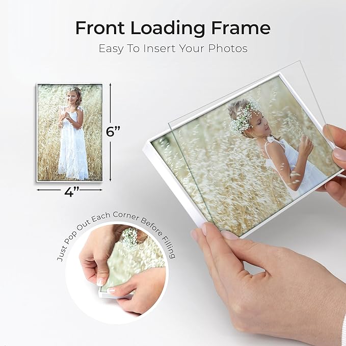 Mantello Front Loading White 4x6 Picture Frame - 4 x 6 Frame For Tabletop or Wall Decor - 4 by 6 White Picture Frames- 6 PACK