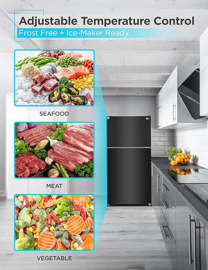BLACK+DECKER 24 Cu. Ft. Top Mount Refrigerator with Ice Maker, 2-Door Refrigerator with Top Freezer, Freezer with Icemaker and Adjustable Temperature Control, ENERGY STAR, BR2400JIMB, Black