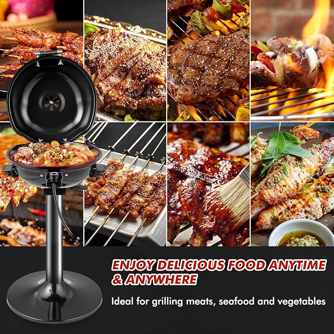 HAPPYGRILL 1600W Portable Electric Grill Outdoor BBQ Grill for 15-Serving, Electric Barbecue Grill for Indoor & Outdoor Use, Portable Stand BBQ Grill for Patio Balcony Kitchen Garden (Black)
