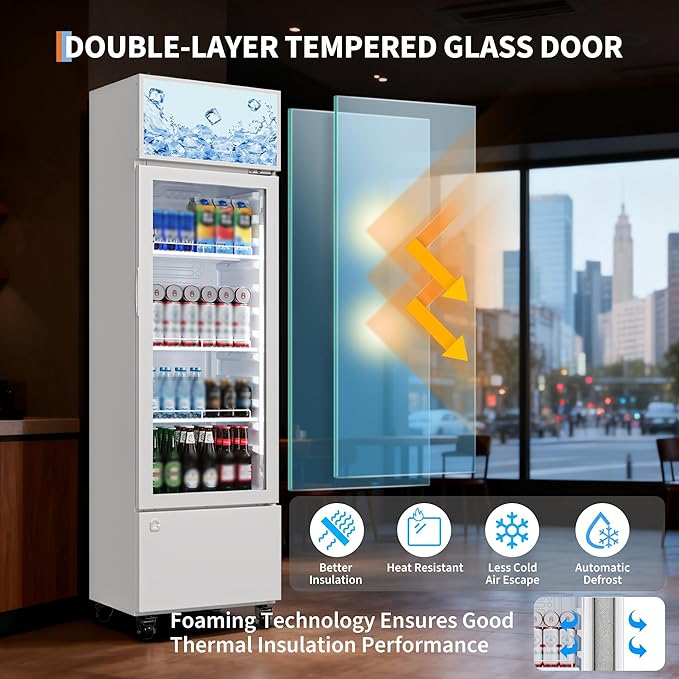 6.1 Cu.Ft. Commercial Glass Door Beverage Cooler, Frost-Free Display Fridge, 360° Cooling, Adjustable Shelves, Energy-Saving Upright Drink Refrigerator with Wheels