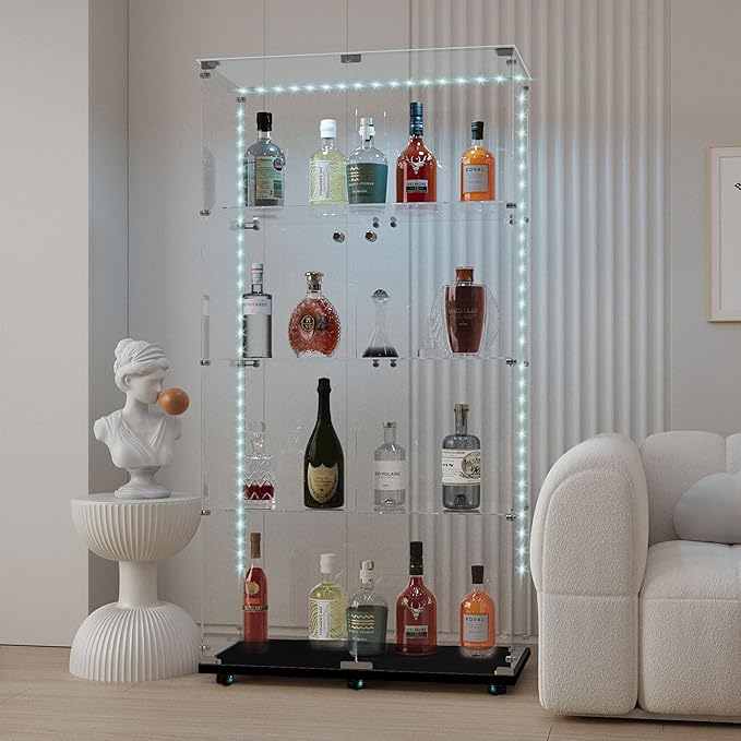 Yoluckea 4 Tiers Glass Display Cabinet with Bluetooth LED Light Strip, 2 Doors Floor Standing Curio Cabinet with Universal Wheel for Home Office Display,Black Glass Bookshelf for Collections,Clear Top