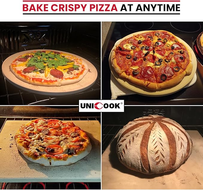 Unicook 14 Inch Round Pizza Stone, Heavy Duty Cordierite Baking Stone for Oven and Grill, Thermal Shock Resistant, Ideal for Baking Crispy Crust Pizzas, Bread, Pies and More, Includes Dough Scraper