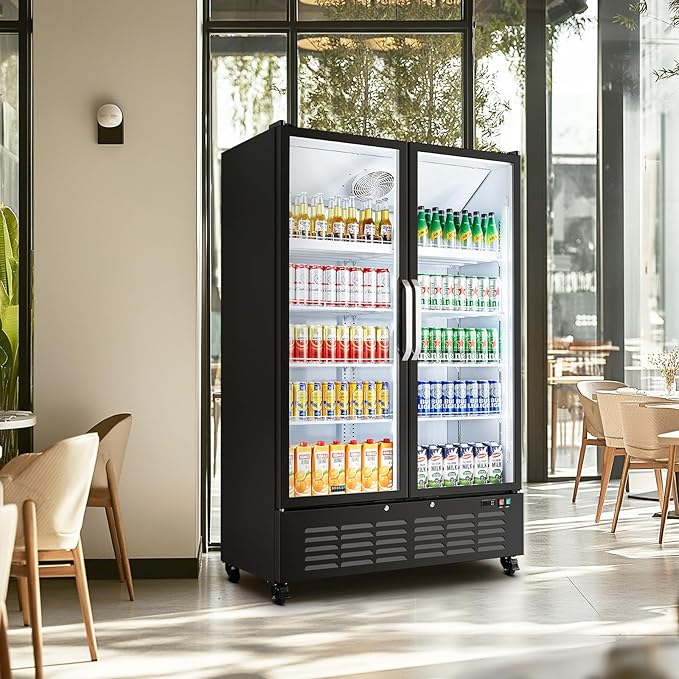 BODEGACOOLER Commercial Merchandiser Refrigerator, 36.8 Cu.Ft Upright Display Beverage Cooler, 2 Glass Door Display Refrigerator with Soft LED Light, Adjustable Shelves, 4 Strong Castors(Black)