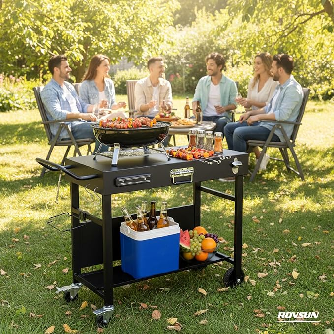 ROVSUN Outdoor Grill Table Cart, Foldable Grill Cart with Wheels, Rolling Table for Ninja, Blackstone Griddle, Pizza Oven Stand, Food Prep Table w/Bottle Opener, Seasoning Tray, Rubbish Bag Holder
