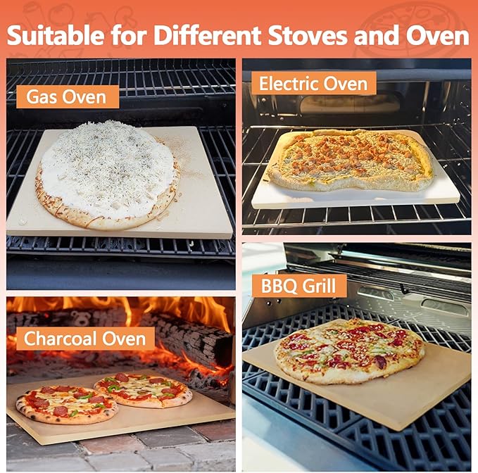15x12 Inch Rectangle Pizza Stone for Oven and Grill, 0.6" Thick Heavy Duty Cordierite Bread Baking Stone for Crisp Pizza Cookies (With Scraper and Parchment Papers)