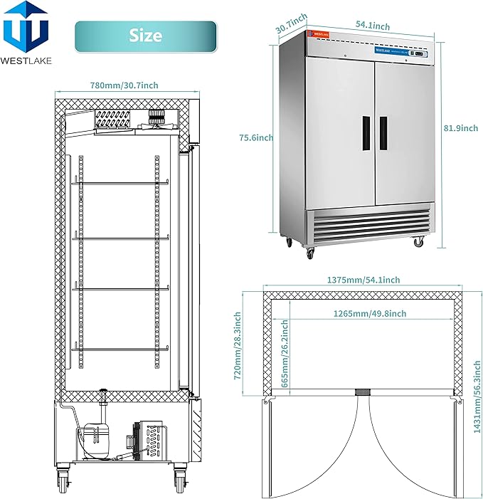 WESTLAKE Commercial Refrigerator 54" W 49 Cu.ft Stainless Steel Reach in Solid door Upright Fan Cooling 2 door 2 Section Cooler for Restuarant, Bar, Shop, etc