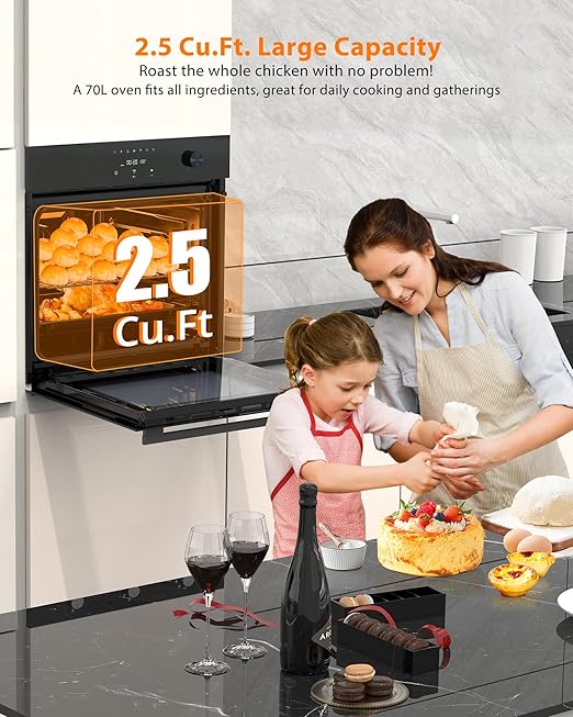 24 Inch Built-in Electric Single Wall Oven, 2.5 Cu.Ft. Smart 8-Mode Convection with 3D Heating, Safe 3-Layer Glass, Professional Touch Control & 500°F Max Temp for the Modern Home Kitchen