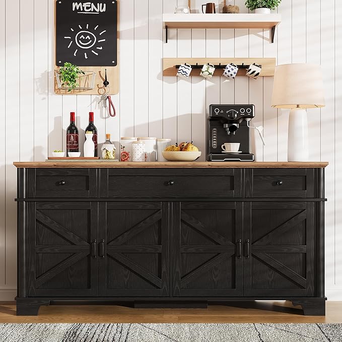 65 Inch Farmhouse Buffet Cabinet with Storage, Black Sideboard Buffet Cabinet with Adjustable Shelves & 3 Drawers, Buffet Table Coffee Bar Wine Bar Storage for Kitchen & Living Room
