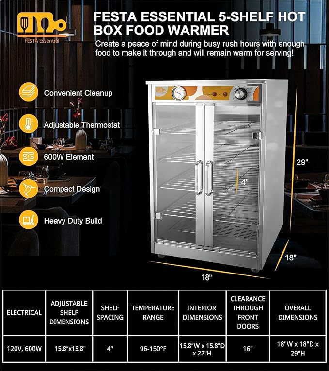 5-Shelf Electric Catering Hot Box Food Warmer Accommodating up to (10) 15" Pizza Boxes, Countertop Heated Holding Cabinet for Pretzels, Warming Machine for Home Commercial Use, 120V 600W