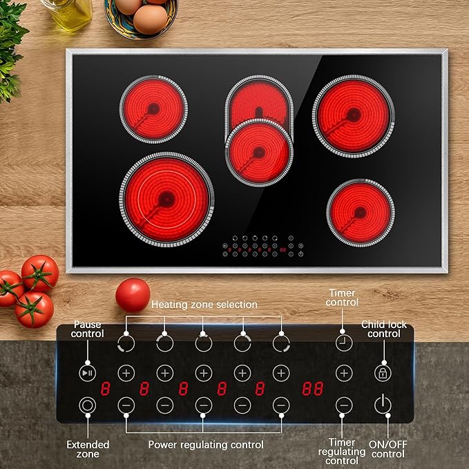 Electric Cooktop 36 Inch, 5 Burners Electric Stove Top Touch Control, 8400W Built-in Ceramic Stovetop 36" with Expandable Zone, Child Lock, Timer, Pause Control, 220-240v Hardwired (No Plug)