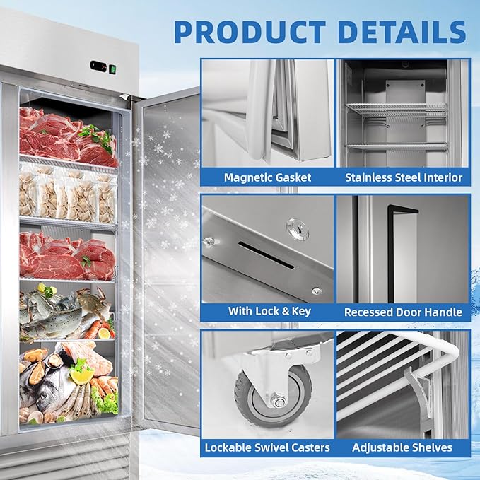 Commercial Freezer, 54"W Commercial Refrigerators, 49 Cu.Ft Commercial Reach-in Freezer, ETL Upright 2 Doors Auto-Defrost, Commercial Freezer Upright with 8 Shelves for Restaurant, Bar, Market
