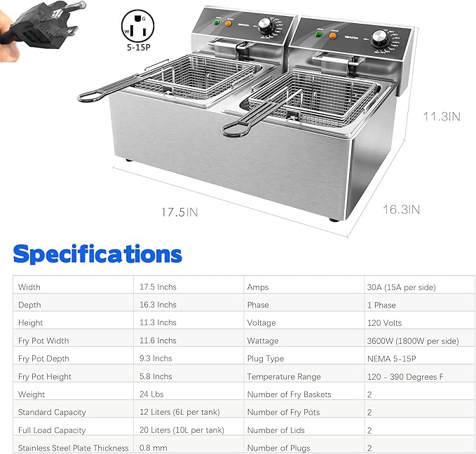 Commercial Deep Fryer Stainless Steel Dual Tank Electric Deep Fryer with 2 Baskets Capacity 2 X 10L Electric Countertop Fryer for Restaurant and Home Use, 120V 3600W