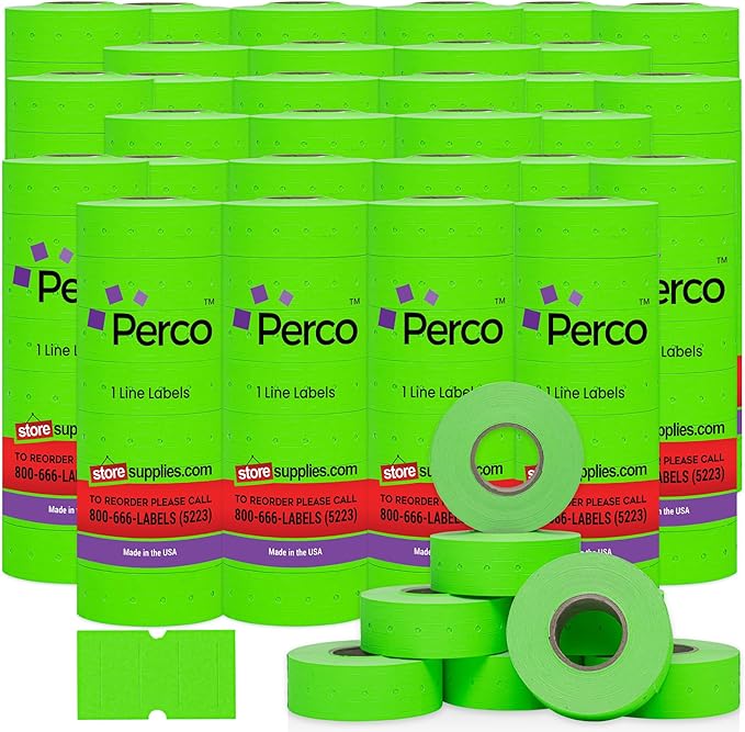 Perco 1 Line Fluorescent Green Labels - Case of 30 Sleeves, 240,000 Blank Pricing Labels for Perco Lite, X, Plus and Pro 1 Line Price and Date Guns