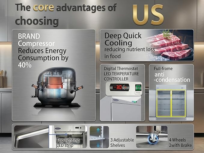 54" Commercial Refrigerator 49 Cu.ft with 2 Solid Door Reach-In Refrigerators Stainless Steel ETL Approved，for Restaurant Kitchen Home Bar Shop 33-40°F