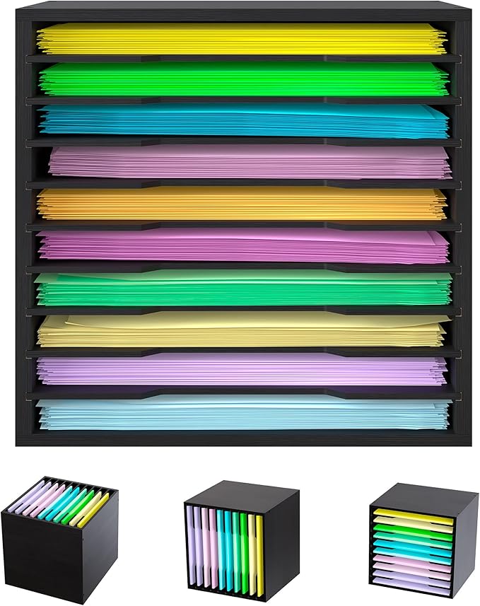 EasyPAG Scrapbook Paper Storage Organizer for Craft Room, 12x12 Paper Storage Desk Shelf, 10 Slot Adjustable File Sorter for Office School Classroom, Black