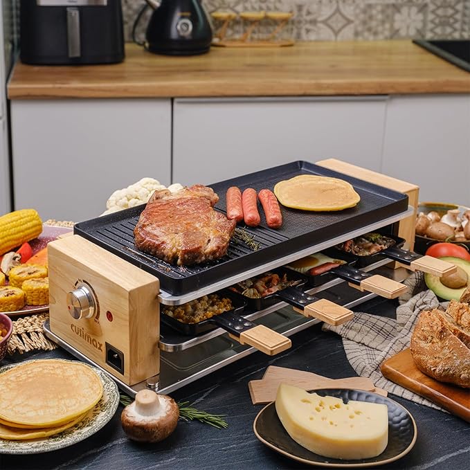 CUSIMAX Electric Grill Raclette Table Grill, 2 in 1 Indoor Grill with Non-Stick Grill & Griddle Plate, Raclette Grill with Wooden frame, 8 Cheese Pans & Wooden Spatulas, Three-Layer Korean BBQ Grill