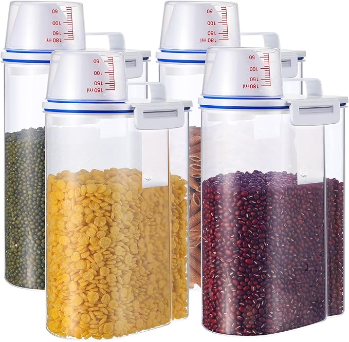 Rice Storage Bin 4 Pcs Cereal Containers Dispenser with Measuring Cup Plastic Storage Containers with Lids Kitchen Bin Rice Holder Food Sets for Flour Cereal, 2.5 l