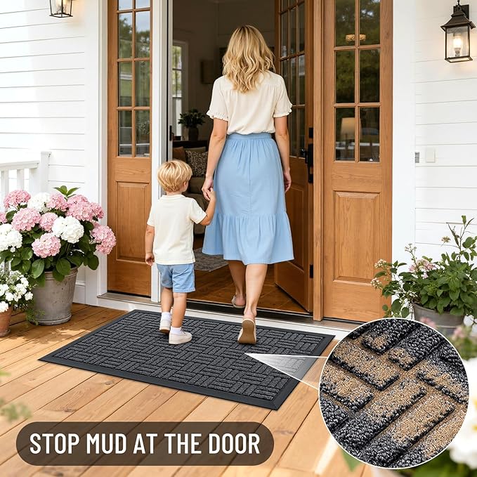 OLANLY Front Door Mat Outside Entrance 71x23, Absorbent, Heavy Duty Sturdy Natural Rubber Doormat Indoor Outdoor, Non-Slip, Stain and Fade Resistant, Low Profile Floor Mat for Entryway, Black Gray