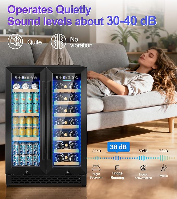 24'' Wine and Beverage Refrigerator, 4.5 Cu. Ft. Dual Zone Wine Fridge with RGB Lights French Door Intelligent Control Advanced Compressor Under Counter Cooler for Outdoor Kitchen Bar Gift Black