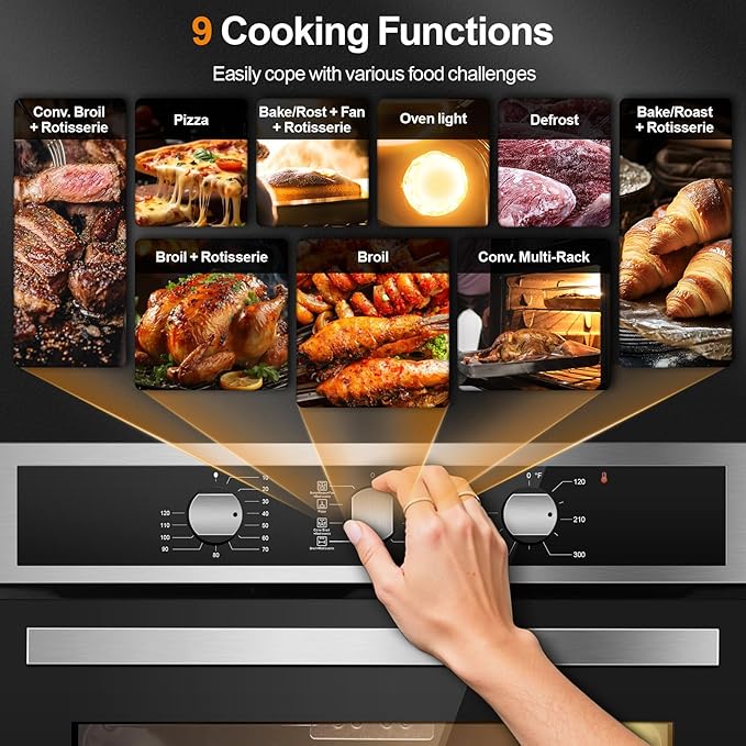 24 Inch Single Wall Oven 2.8 Cu.Ft 3220W, Electric Oven with Mechanical Knob Control, 9 Functions, 360° Rotisserie,Triple Glass Door & Enamel Cavity for restaurant, hotel, and home