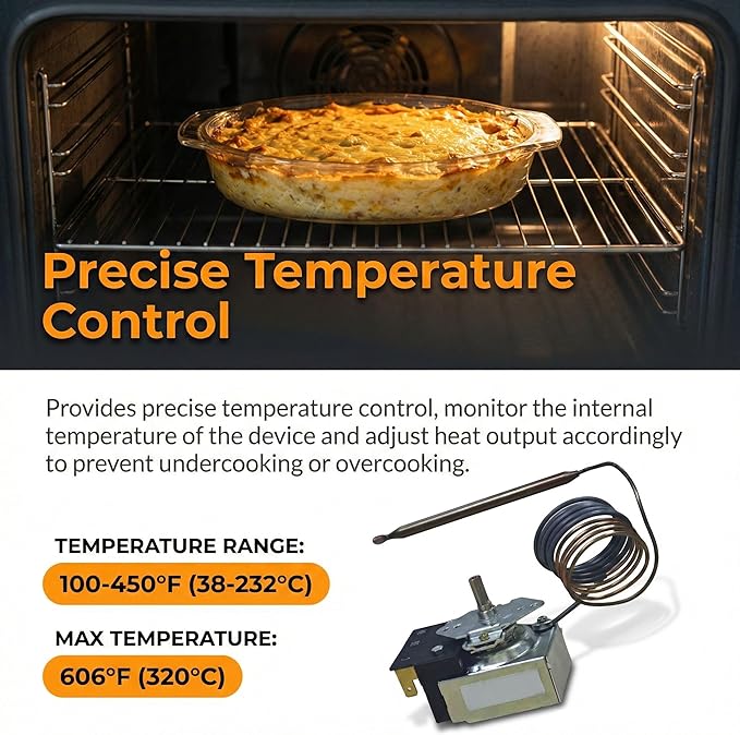 PB010036 Bake/Broil Thermostat，Compatible with Awoco Ranges， Compatible with Viking – Replace KKB-9-48, 22A 120–250VAC, Max 606°F, with Safety Auto‑Shutoff.