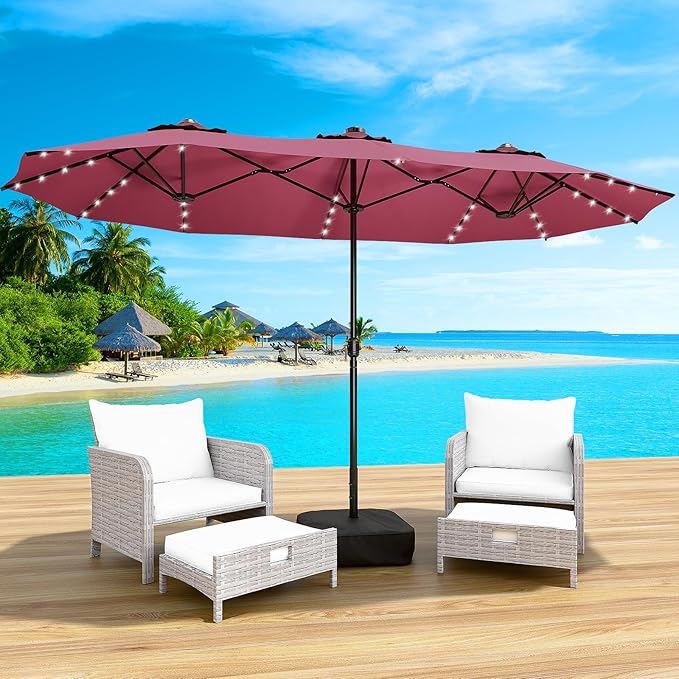LEVELEVE 15FT Large Patio Umbrella with Base & Solar LED Lights - Double-Sided,Red