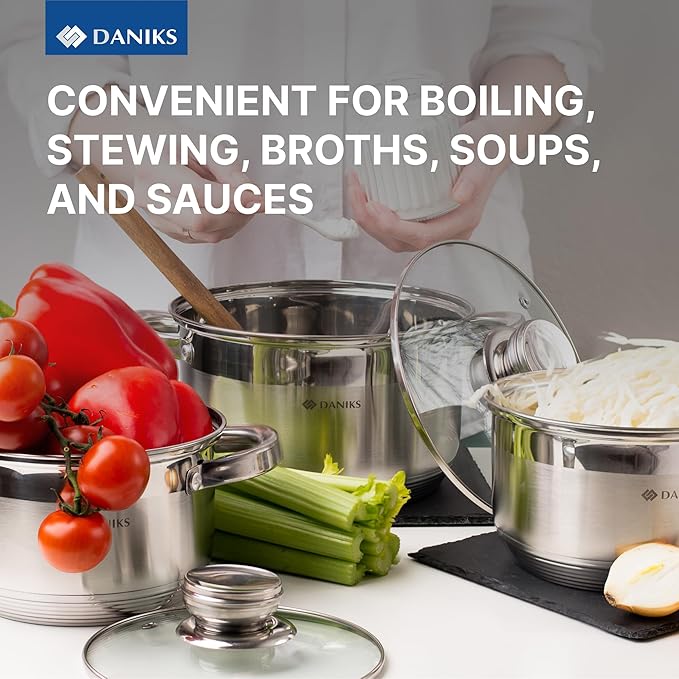 Daniks Standard 10 Quart Stainless Steel Stock Pot with Glass Lid, Tri-Ply Bottom for Even Heating, Induction Compatible, Dishwasher Safe, Built-In Measuring Scale, Silver