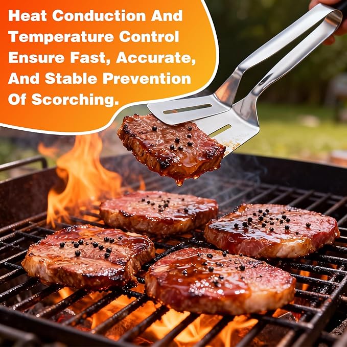 2PCS Stainless Steel Grill Clamp, Anti-Scald Extended Handle Spatula Tong, Steel Double-Sided Shovel Clip For Grilling Meat, Fish And Pancakes (A)