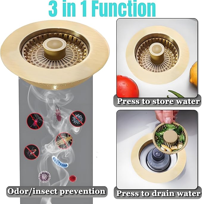 3 in 1 Kitchen Sink Stopper, Pop Up Kitchen Sink Drain Strainer, with an Extra Basket Strainer, Kitchen Sink Drain Stopper for US Standard 3-1/2 Inch, Brass Material Electroplate Gold,Easy to Clean