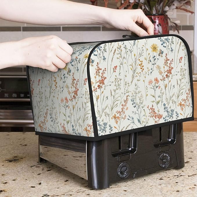 4 Slice Toaster Cover for Kitchen Wildflower Flower Botanical Spring Waterproof Dustproof Toaster Dust Cover with Side Pockets Decorative Universal Cover for Wide Slot Toasters Small Appliances