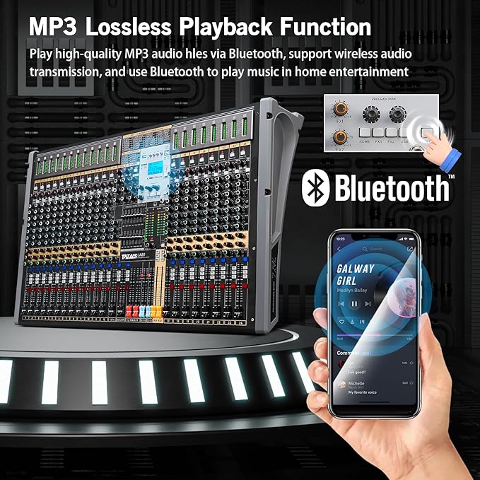 Professional Audio Mixer, 24 Channel Sound Board Mixing Console, Dual DSP Reverb, Dual 7-Band EQ, 48V Phantom Power, 4 Group Stereo Output Input, Mixer for Church