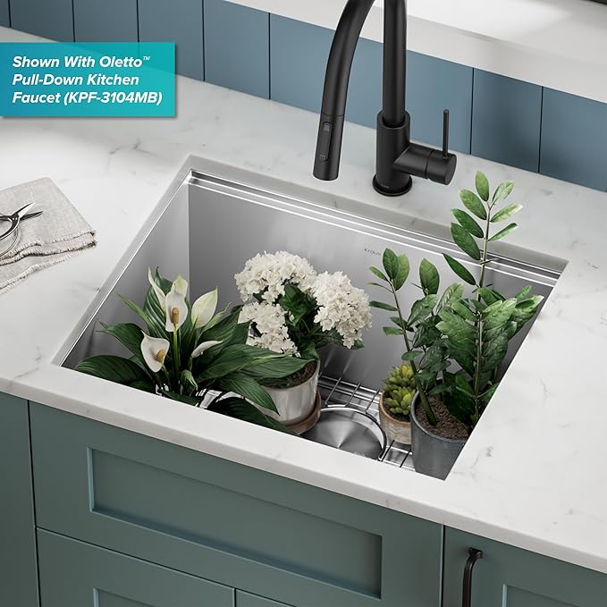 KRAUS Kore 23-Inch Undermount Workstation Single Bowl 16 Gauge Deep Laundry Utility Stainless Steel Kitchen Sink with Accessories, KWU100-23L
